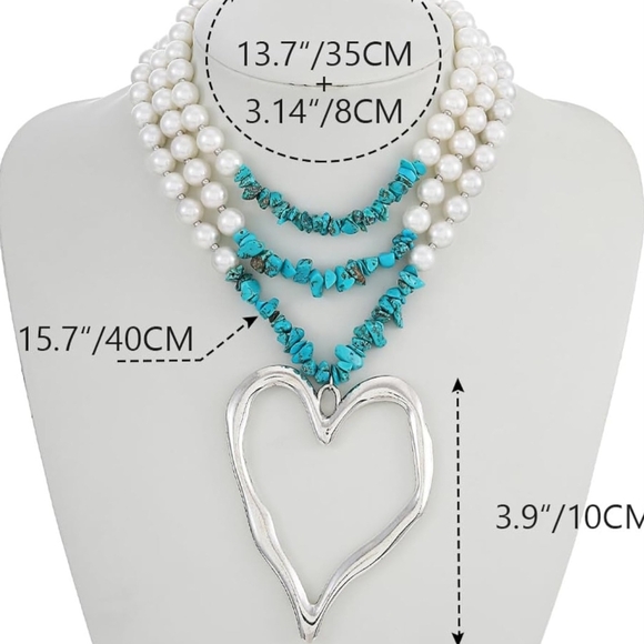Heart Necklace Gold Pendant Turquoise and Pearl Strands - Picture 6 of 15